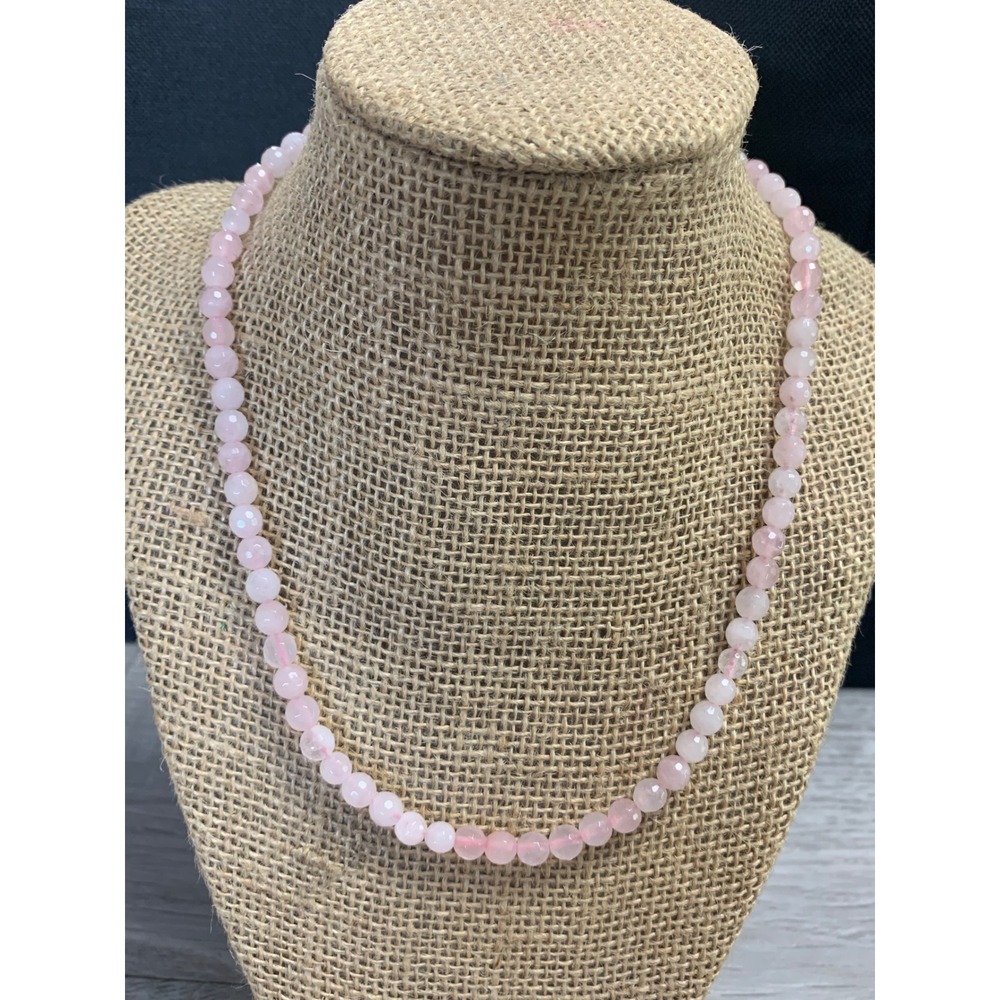 Rose Quartz Faceted Bead Necklace 925 Sterling Silver Rose Gold Tone Adjustable
